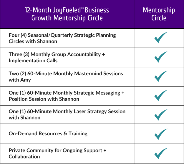 a checklist of elements included in the 12 month mentorship program: 4 seasonal strategic planning circles with Shannon, 3 monthly group accountability calls, 2 60-minute monthly mastermind sessions with Amy, 1 60-minute montly live copy coaching with Shannon, 1 60-minute monthly laser coaching with Shannon, On-Demand content and training modules, online community to collaborate with your colleagues and mentors